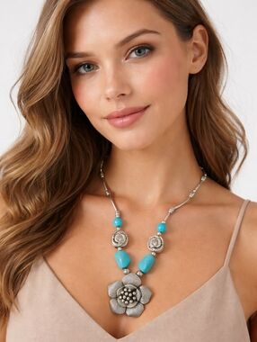 Turquoise & Silver Floral Pendant Necklace - Women Jewelry
